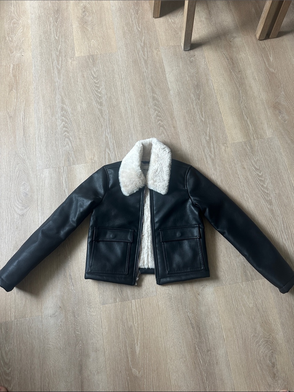 Abercrombie & Fitch Black Faux Leather Jacket with Cream Shearling Collar